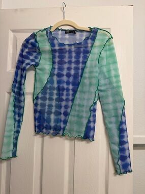 Zara Blue & Green Tie-Dye Mesh Long Sleeve Top with Lettuce Hem